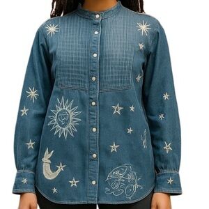 Johnny Was Biya Denim Embroidered Andromeda Tuxedo Blouse/Jacket NWT oversized